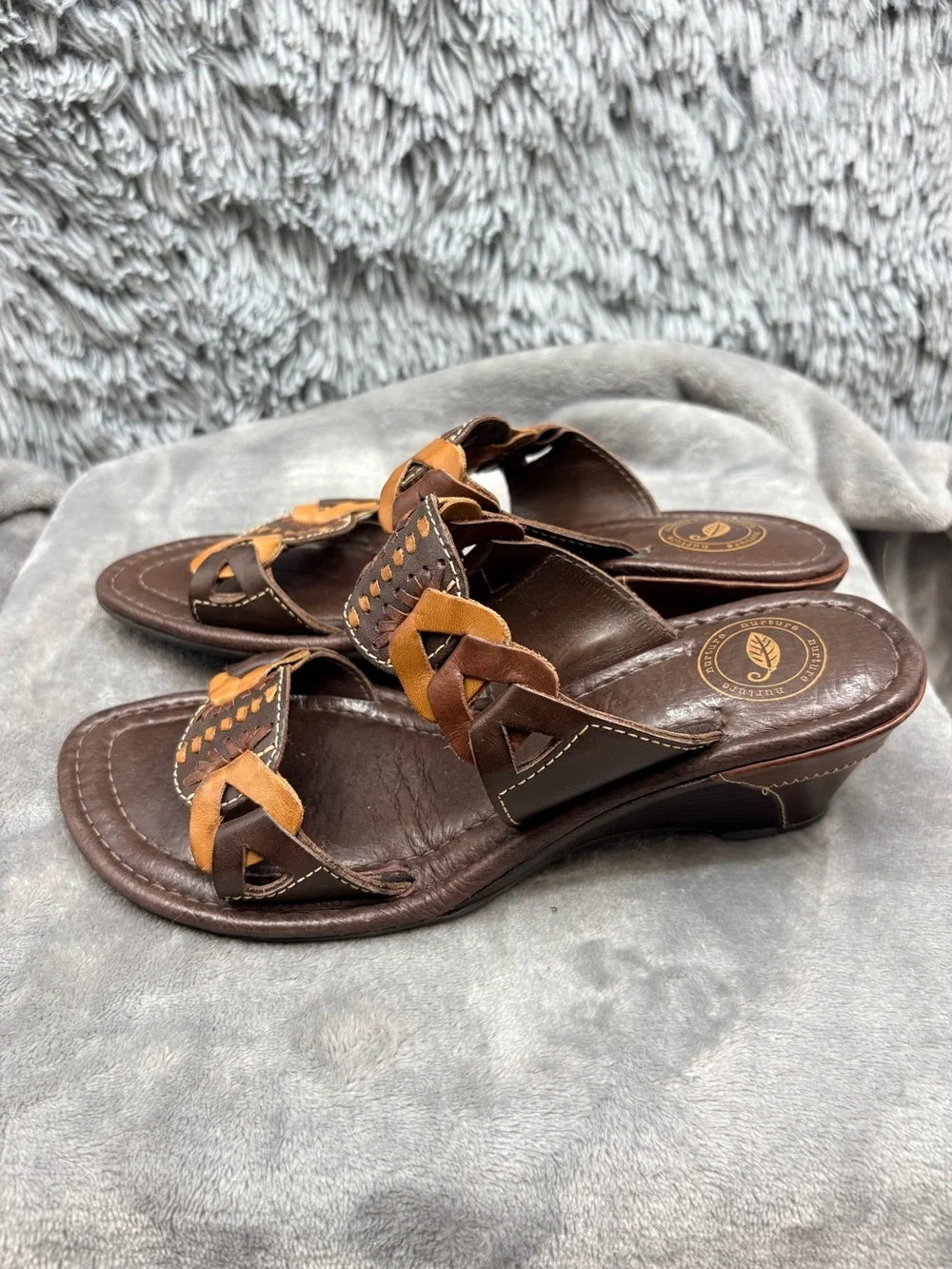 Nurture Lamaze Wedge Sandals Womens 8 Brown Leather Brazil Slide Braided